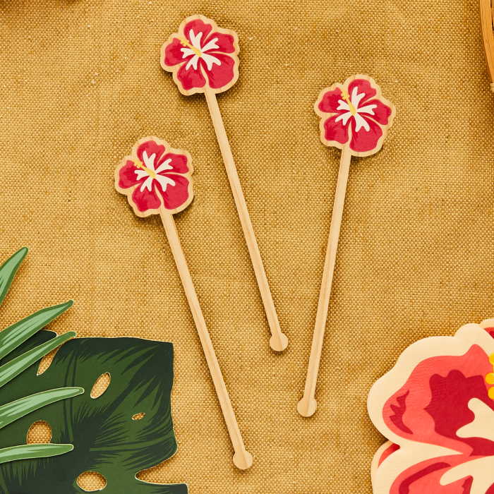 Tropical Luau Flower Cocktail Wood Stirrers 8 Pack | Party Save Smile