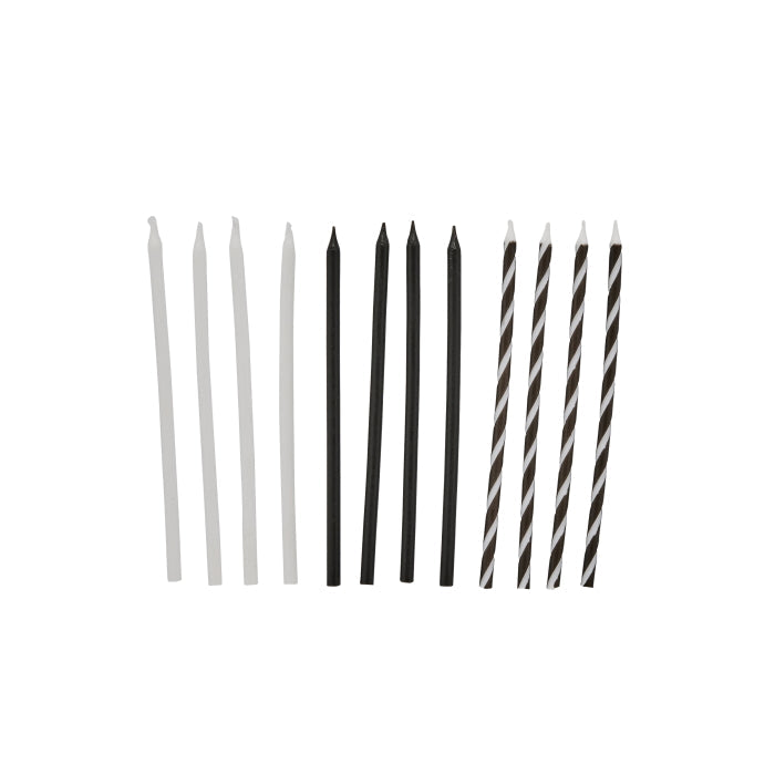 Black and White Tall Cake Candles - Pack of 12