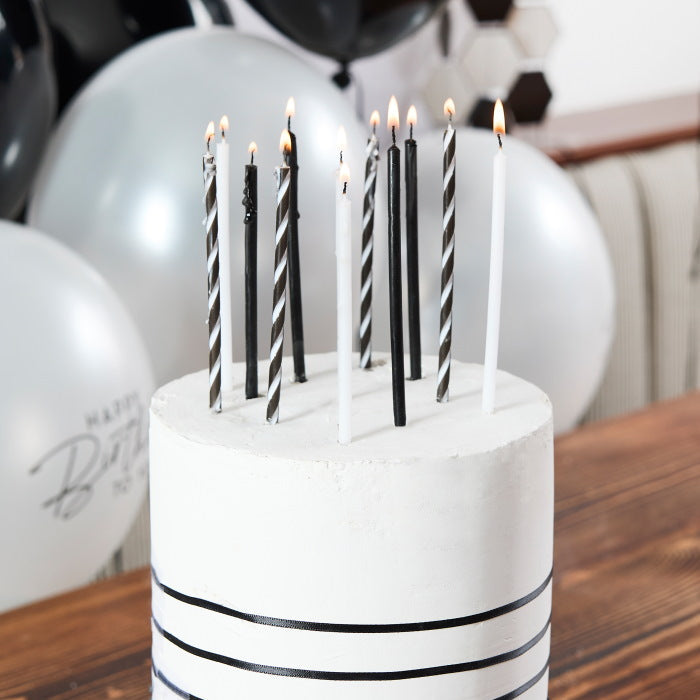Black and White Tall Cake Candles - Pack of 12 | Party Save Smile