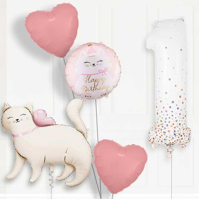 White Kitty Birthday Balloon Package Choose Age-1st Birthday Balloon Package | Party Save Smile