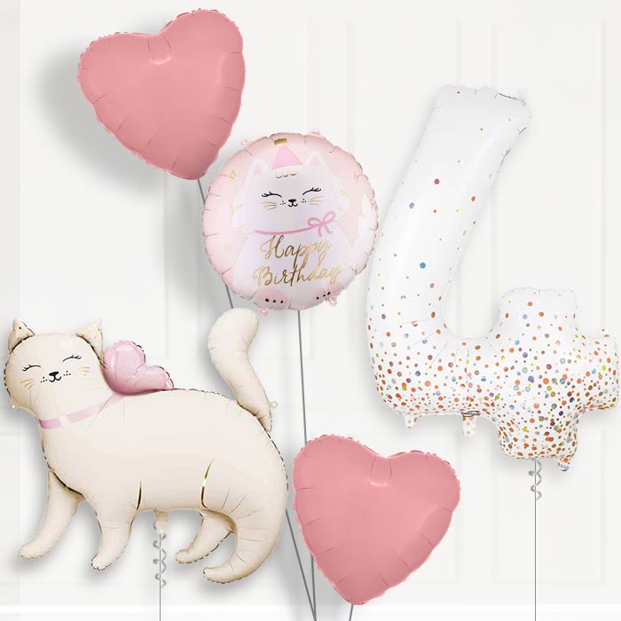 White Kitty Birthday Balloon Package Choose Age-4th Birthday Balloon Package | Party Save Smile