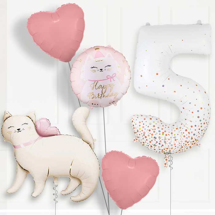 White Kitty Birthday Balloon Package Choose Age-5th Birthday Balloon Package | Party Save Smile