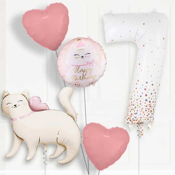 White Kitty Birthday Balloon Package Choose Age-7th Birthday Balloon Package | Party Save Smile