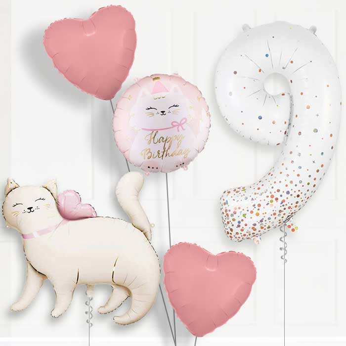 White Kitty Birthday Balloon Package Choose Age-9th Birthday Balloon Package | Party Save Smile