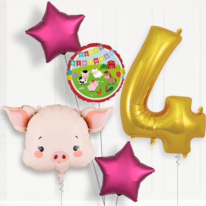 Pink Pig Head 4th Birthday Balloon Package | Party Save Smile