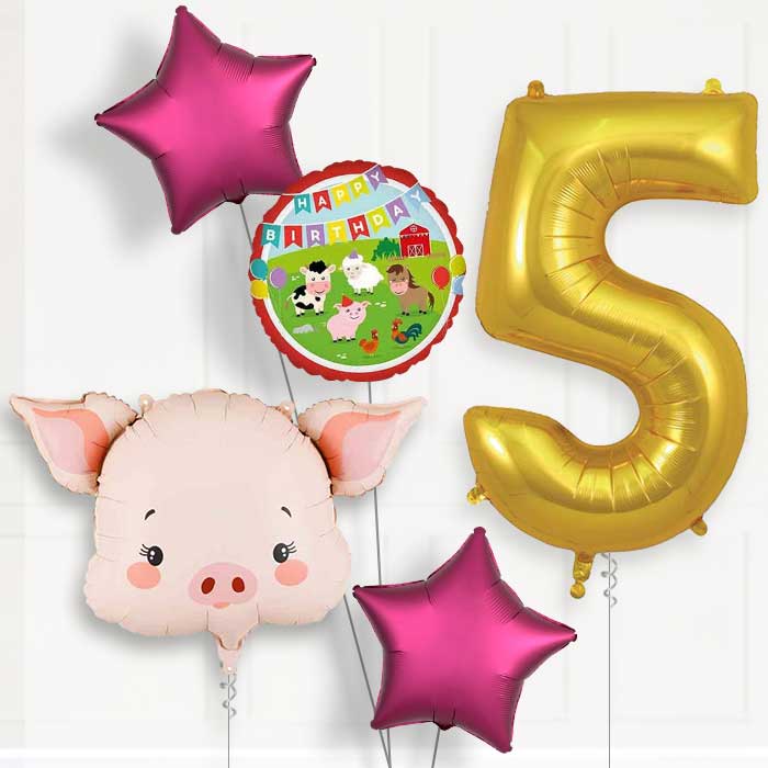 Pink Pig Head 5th Birthday Balloon Package | Party Save Smile
