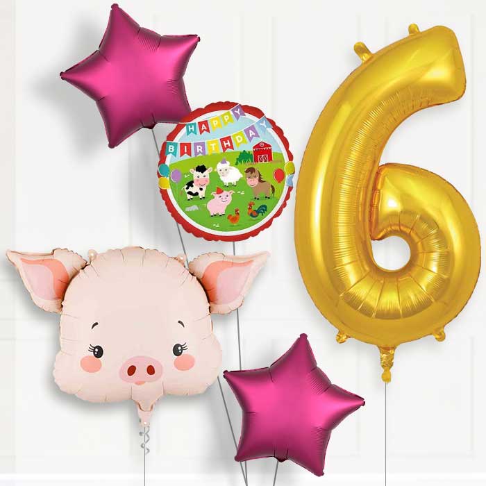 Pink Pig Head 6th Birthday Balloon Package | Party Save Smile