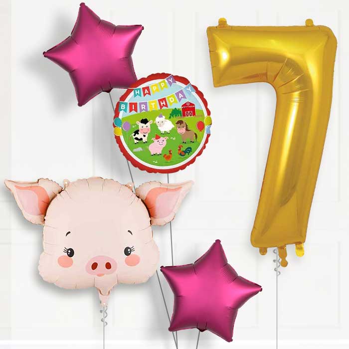 Pink Pig Head 7th Birthday Balloon Package | Party Save Smile