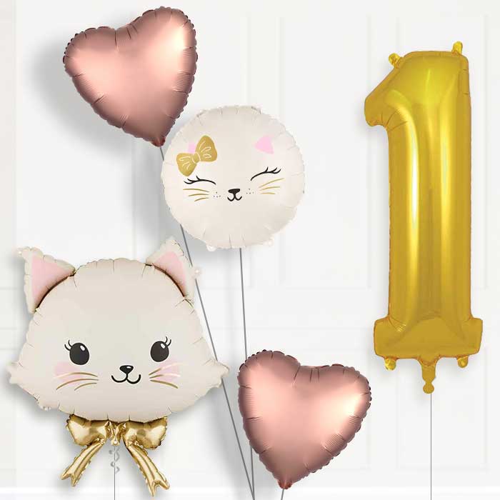 White Cat with Bow 1st Birthday Balloon Package | Party Save Smile