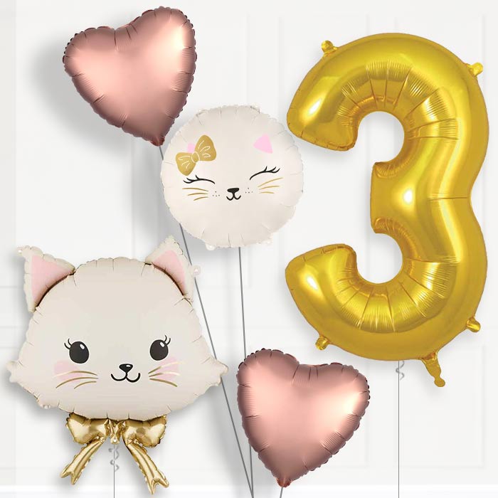 White Cat with Bow Birthday Balloon Package Choose Age-3rd Birthday Balloon Package | Party Save Smile