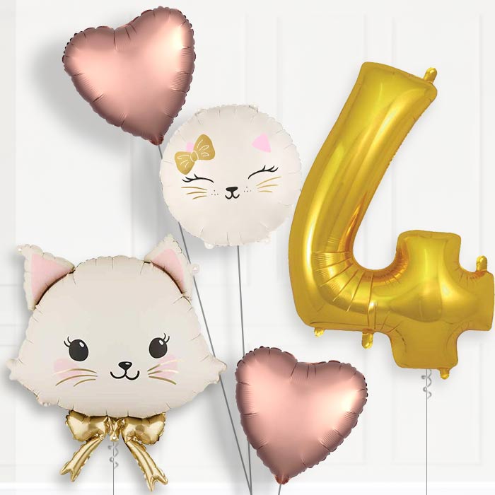 White Cat with Bow 4th Birthday Balloon Package | Party Save Smile