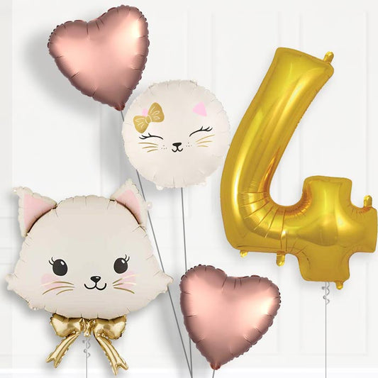 White Cat with Bow 4th Birthday Balloon Package | Party Save Smile