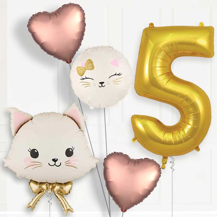 White Cat with Bow Birthday Balloon Package Choose Age-5th Birthday Balloon Package | Party Save Smile