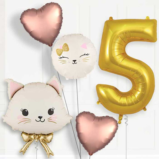 White Cat with Bow 5th Birthday Balloon Package | Party Save Smile