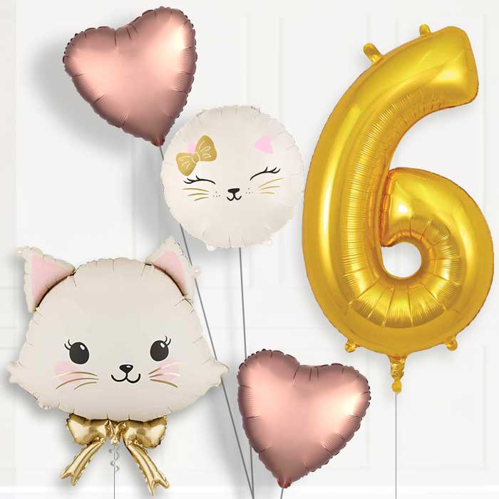 White Cat with Bow Birthday Balloon Package Choose Age-6th Birthday Balloon Package | Party Save Smile