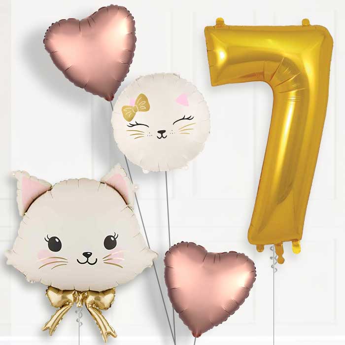 White Cat with Bow 7th Birthday Balloon Package | Party Save Smile