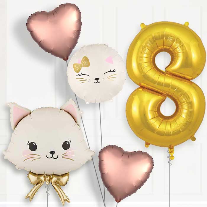 White Cat with Bow Birthday Balloon Package Choose Age-8th Birthday Balloon Package | Party Save Smile