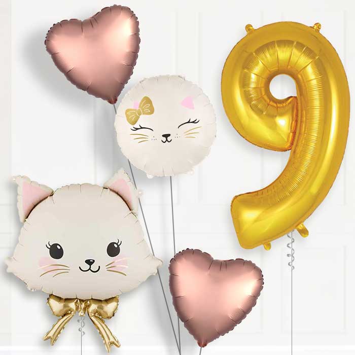White Cat with Bow 9th Birthday Balloon Package | Party Save Smile