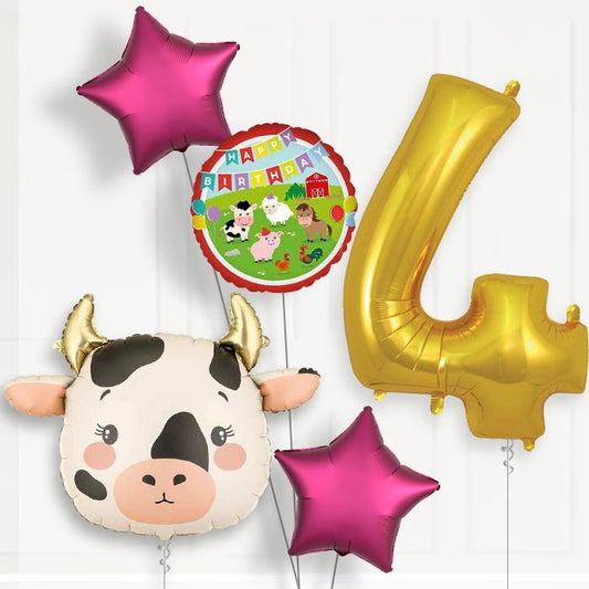 Cow 4th Birthday Helium Balloon Package - 4th Birthday Balloon Package | Party Save Smile