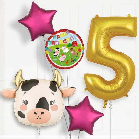 Cow 5th Birthday Helium Balloon Package - 5th Birthday Balloon Package | Party Save Smile