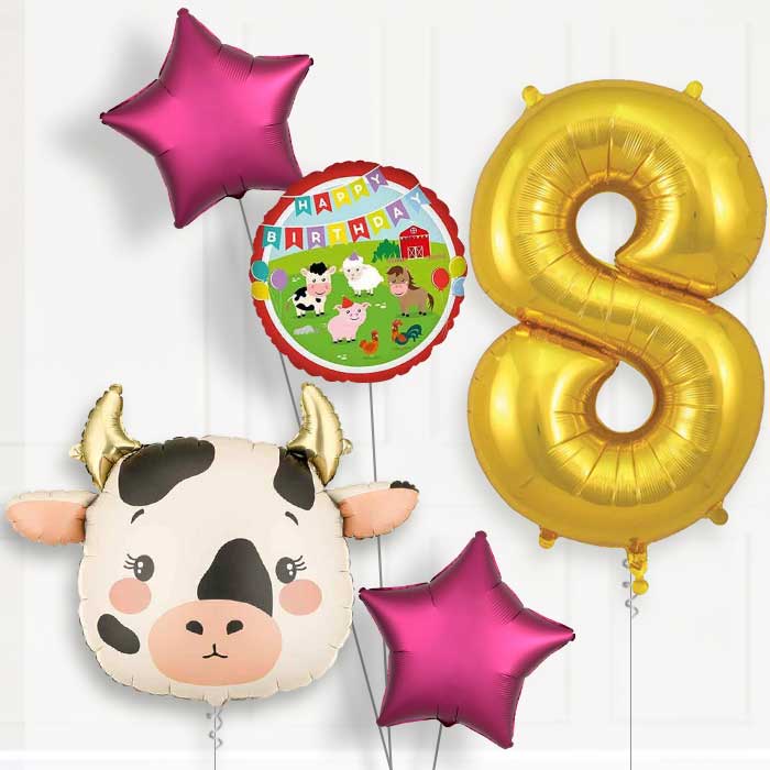 Cow 8th Birthday Helium Balloon Package - 8th Birthday Balloon Package | Party Save Smile