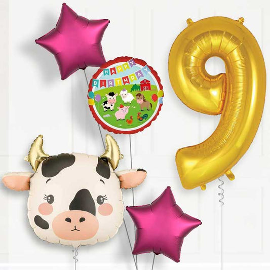 Cow 9th Birthday Helium Balloon Package - 9th Birthday Balloon Package | Party Save Smile