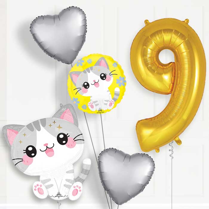 Kawaii Kitten Birthday Balloon Package Choose Age - Party Save Smile
