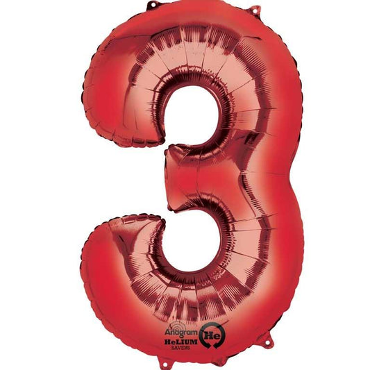 Red Number 3 Foil Balloon Anagram 34 Inches | Party Save Smile