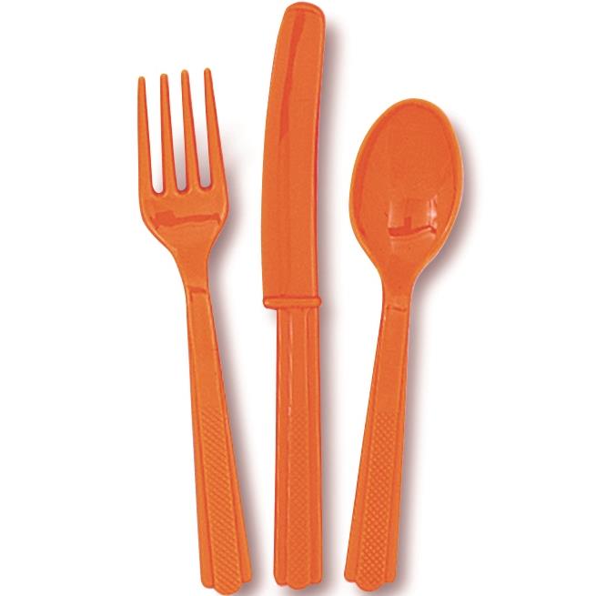 Orange Knife, Fork and Spoon Plastic Party Cutlery Set | Party Save Smile