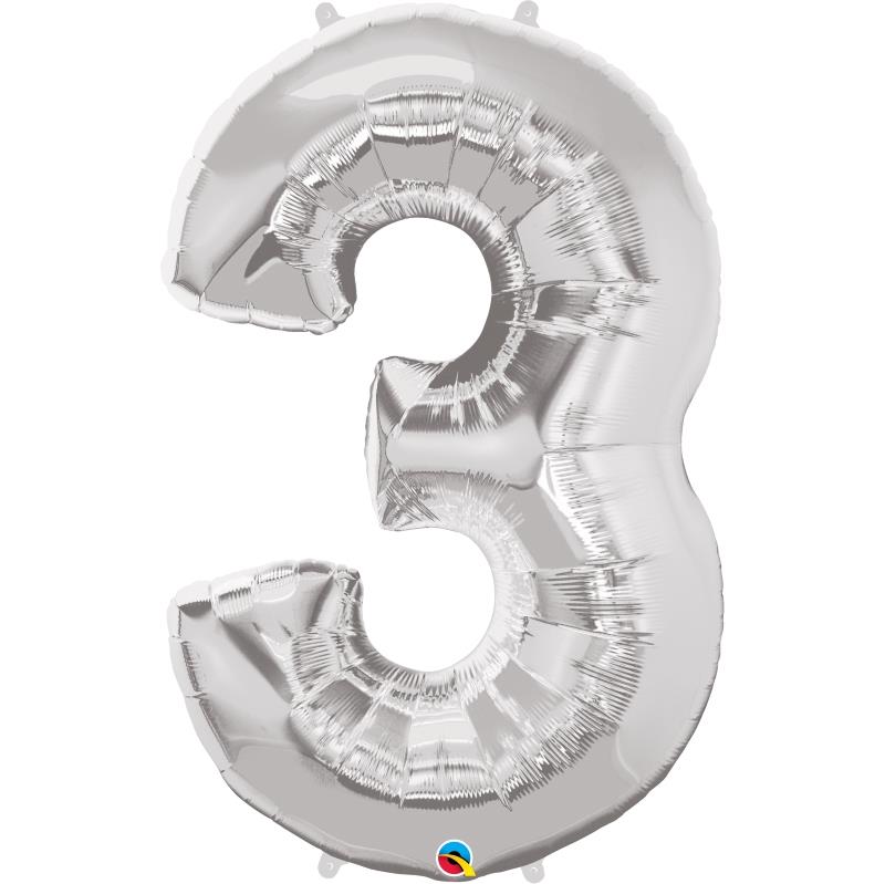 Number 3 Balloon - Silver Qualatex 34 inch | Party Save Smile