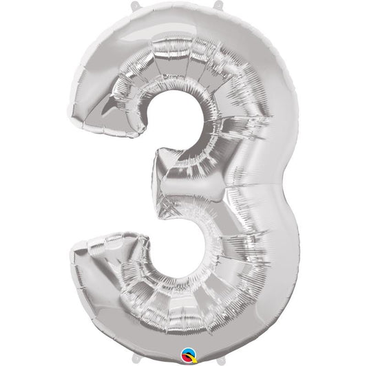 Number 3 Balloon - Silver Qualatex 34 inch | Party Save Smile