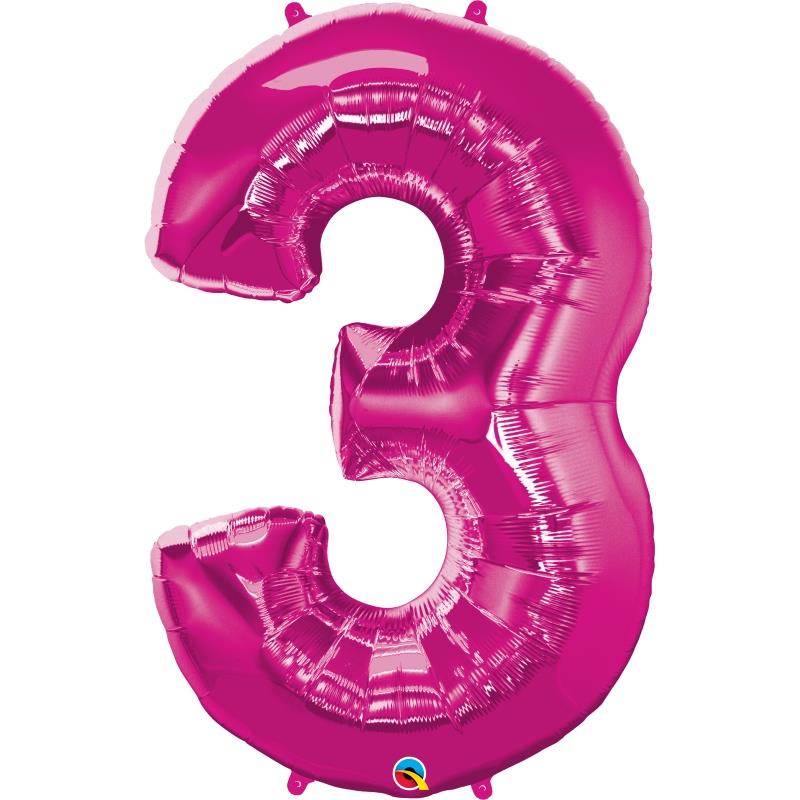 Pink Number 3 Foil Balloon - Qualatex 34 inch | Party Save Smile