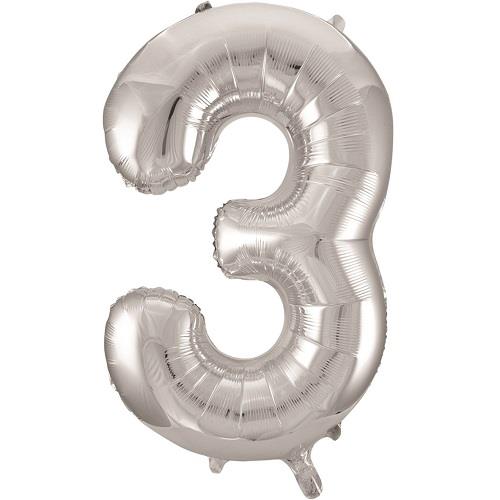 Silver Glitz 34&#34; Number 3 Supershape Foil | Helium Balloon