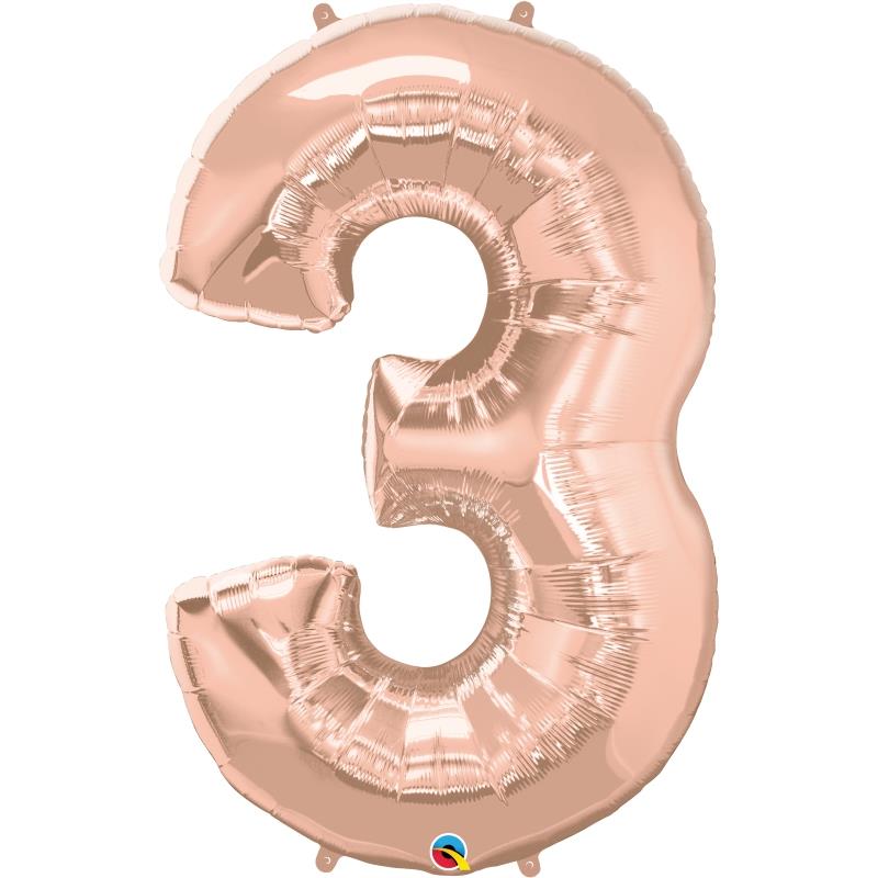 Rose Gold Number 3 Balloon - 34 inch Qualatex | Party Save Smile