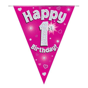 Pink Hearts Happy 1st Birthday Bunting 3.9 Metres