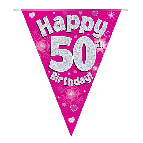 Pink Hearts 50th Birthday Bunting 3.9 Metres | Party Save Smile
