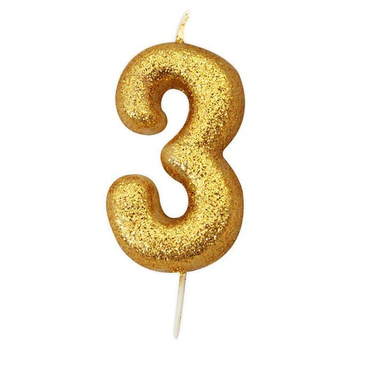 Gold Glitter Number 3 Birthday Cake Candle | Decoration