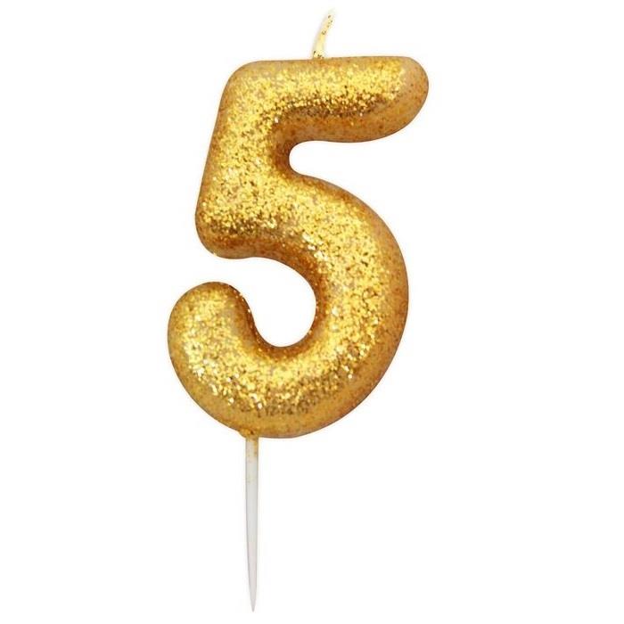 Gold Glitter Number 5 Candle: 5th Birthday Cake Candle | Party Save Smile