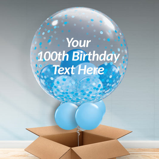 Blue Confetti Personalisable 100th Birthday Balloon in a Box - Bubble Balloon | Party Save Smile