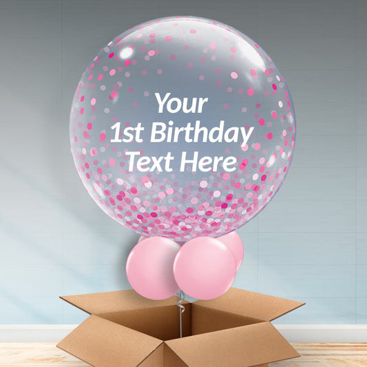 Pink Personalisable 1st Birthday Balloons in a Box - Bubble Balloon | Party Save Smile
