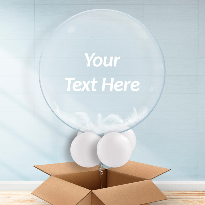 Personalisable White Feather Filled Bubble Balloon in a Box - Bubble Balloon with Feathers | Party Save Smile