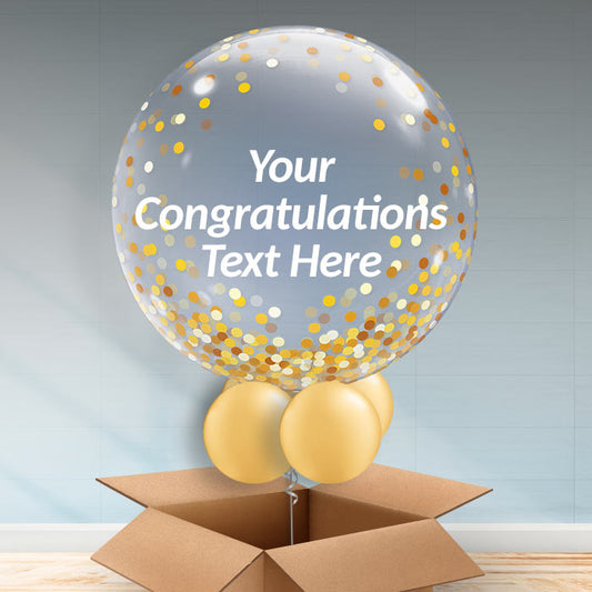 Personalisable gold confetti bubble balloon in a box