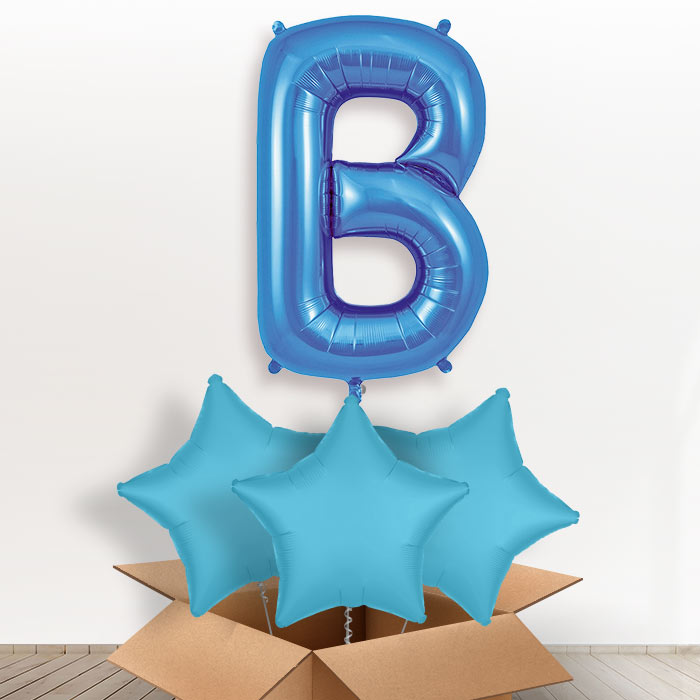 Personalised Helium Balloon Letter B in a Box - Blue - Giant Letter and 3 Balloons | Party Save Smile