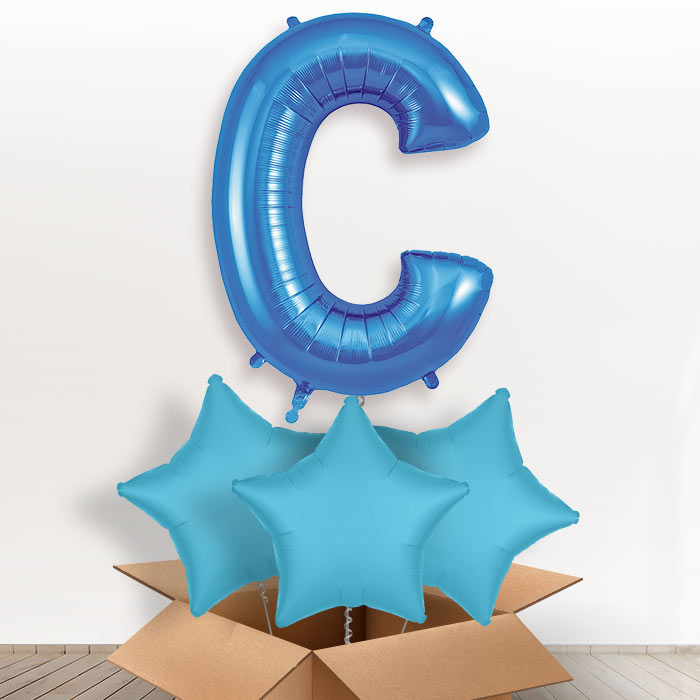Personalised C Shaped Helium Balloon in a Box - Blue - Giant Letter and 3 Balloons | Party Save Smile
