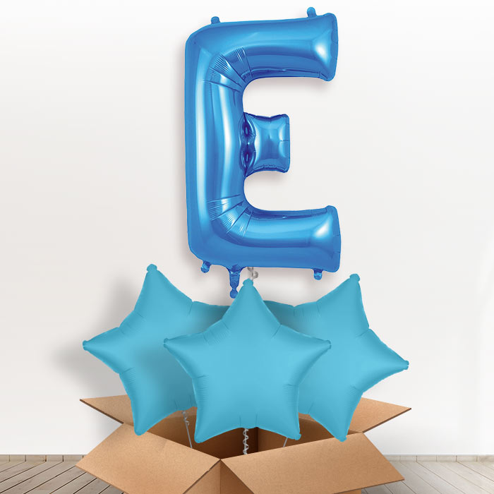 Personalised E Helium Balloon in a Box - Blue - Giant Letter and 3 Balloons | Party Save Smile