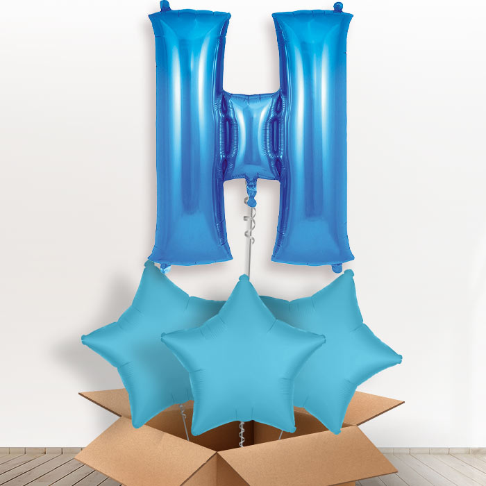 Personalised H Helium Balloon in a Box - Blue - Giant Letter and 3 Balloons | Party Save Smile