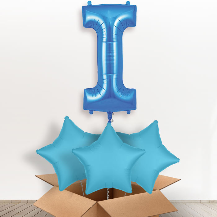 Personalised Letter I Helium Balloon in a Box - Blue - Giant Letter and 3 Balloons | Party Save Smile