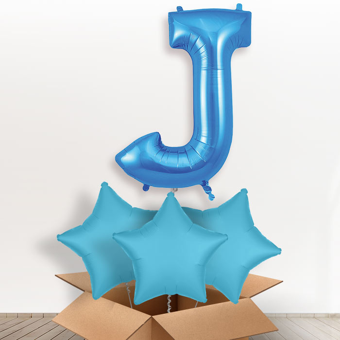 Personalised J Helium Balloon in a Box - Blue - Giant Letter and 3 Balloons | Party Save Smile