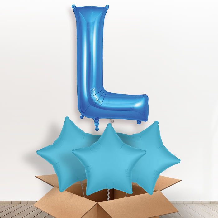 Personalised L Helium Balloon in a Box - Blue - Giant Letter and 3 Balloons | Party Save Smile