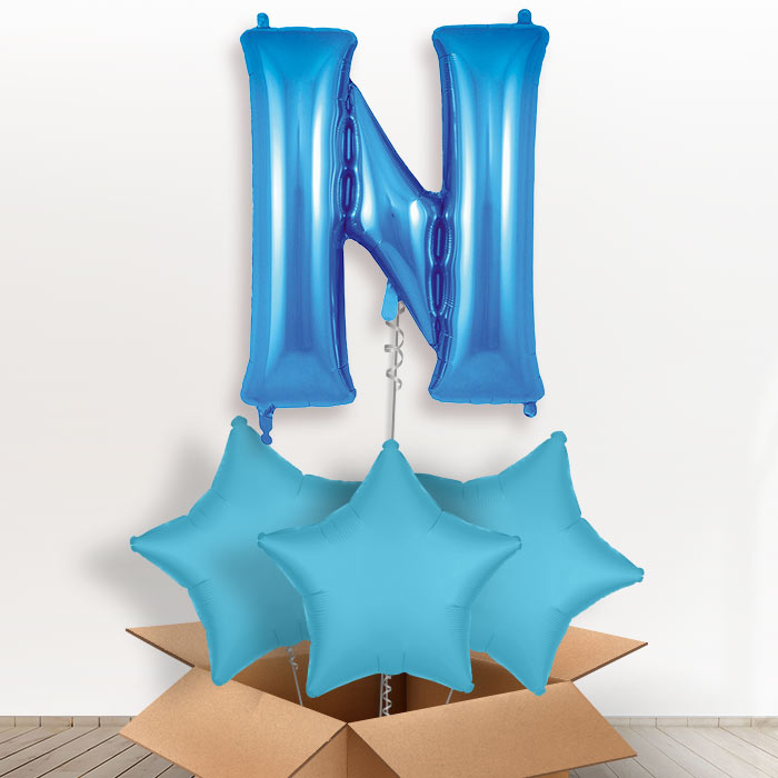Personalised N Helium Balloon in a Box - Blue - Giant Letter and 3 Balloons | Party Save Smile